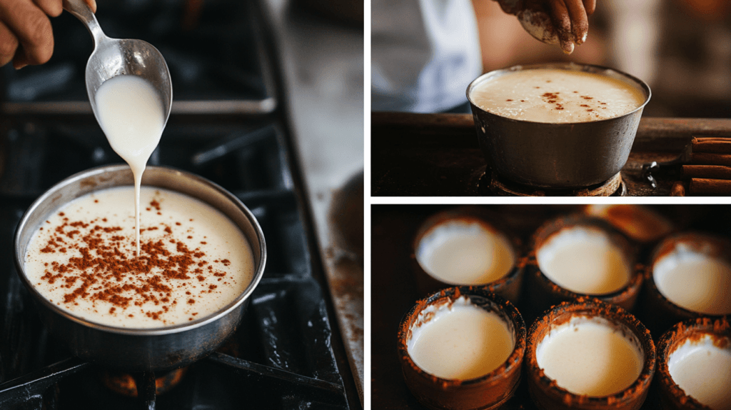 Steps to prepare tembleque, from mixing coconut milk to the final garnished dessert.