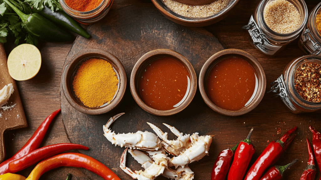 Three variations of crab boil sauce with different spice levels.