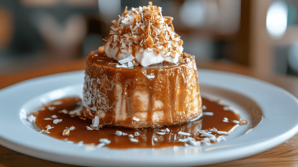 Caramel flan topped with coconut shavings.