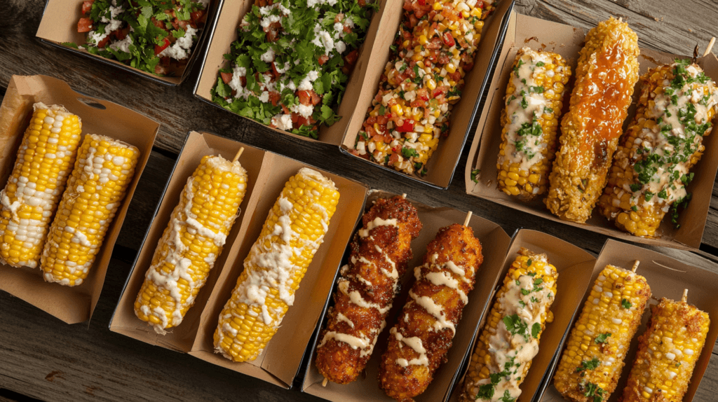 Different styles of air-fried corn, including elote and glazed corn.
