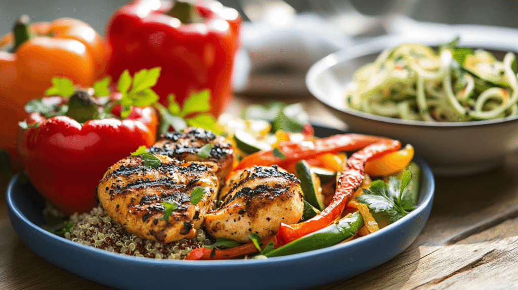 A dinner table filled with colorful gluten-free dishes such as grilled chicken, vegetables, and quinoa-stuffed bell peppers.