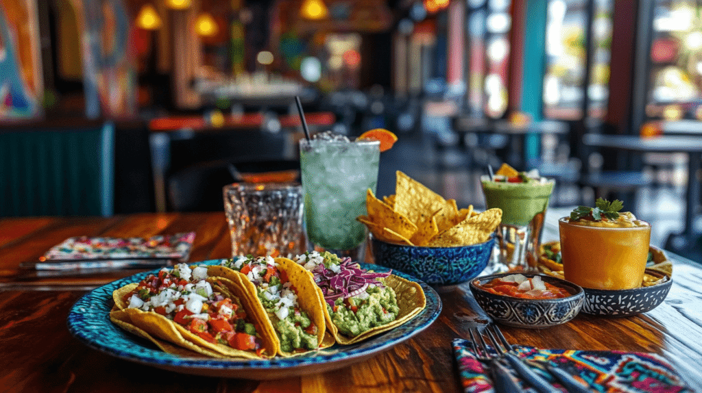 A vibrant taco spread with sides and drinks on a festive table.