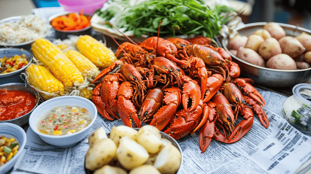 A colorful seafood boil featuring crawfish, shrimp, and vegetables served on a table.