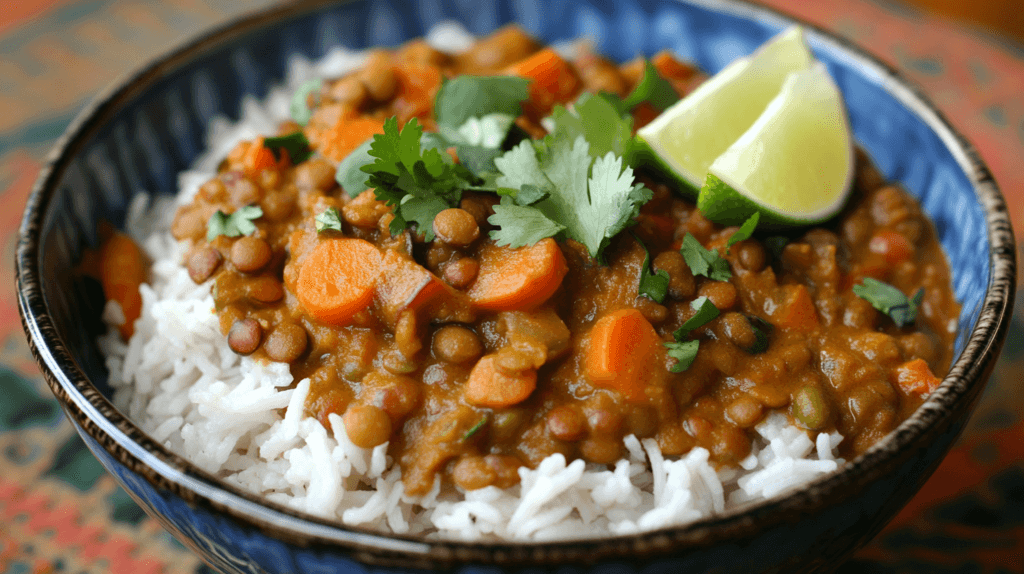 A bowl of lentil and vegetable curry served over rice and garnished with fresh cilantro.