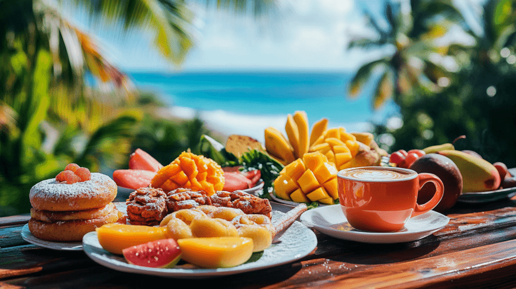 Traditional Puerto Rican breakfast with mallorcas, coffee, and tropical fruits in a scenic Caribbean setting.