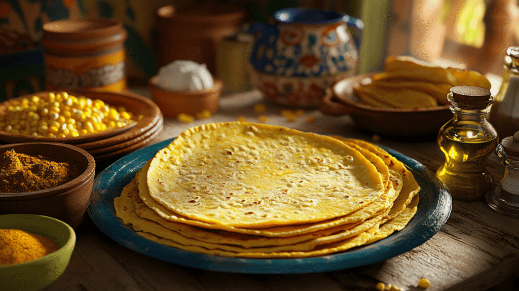 Freshly fried corn tortillas on a plate with cooking ingredients.
