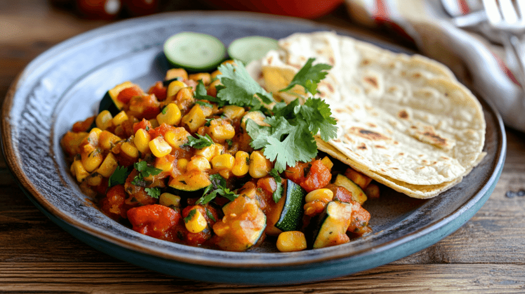 A plate of freshly cooked Calabacitas with tortillas.