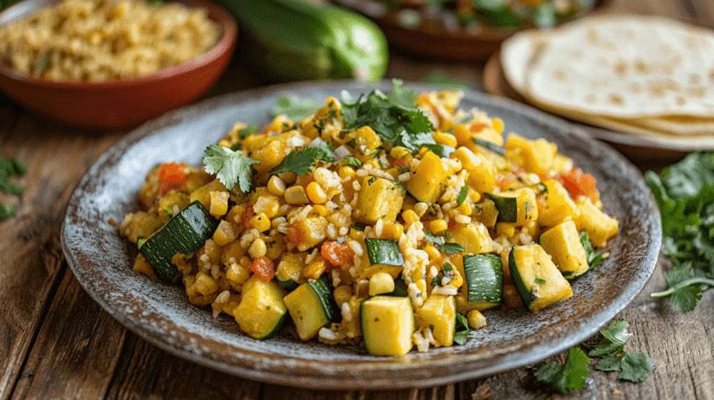 Plate of calabacitas with Mexican rice and salsa verde.