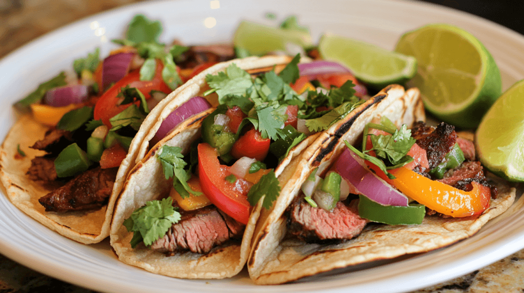 A plate of tacos made with corn tortillas, filled with vegetables and grilled meat.