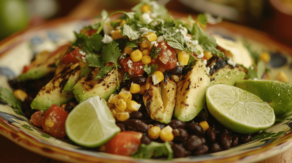 A colorful salad with toasted corn, avocado, and black beans.