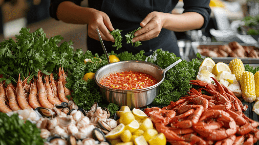 A colorful seafood boil with dipping sauce in the center.