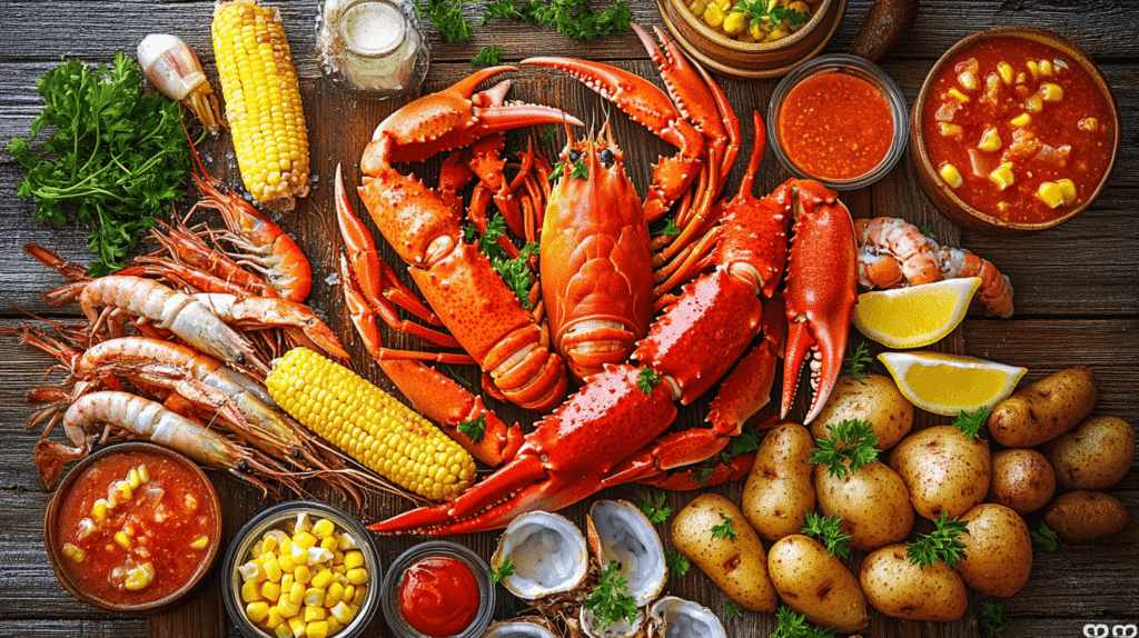 A seafood boil featuring shrimp, crab legs, corn, and potatoes on a table.