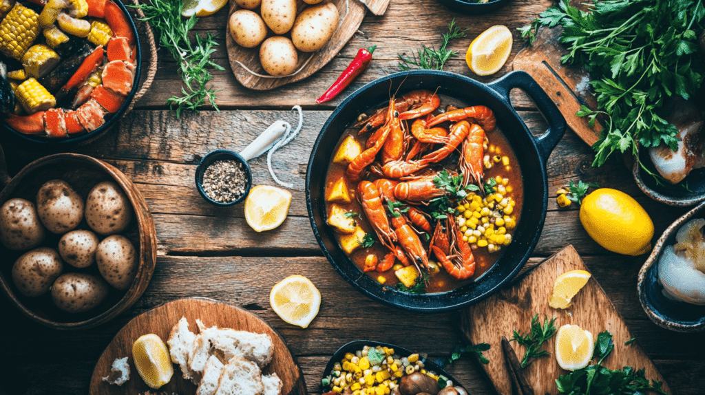 Seafood boil with thick sauce and garnishes.