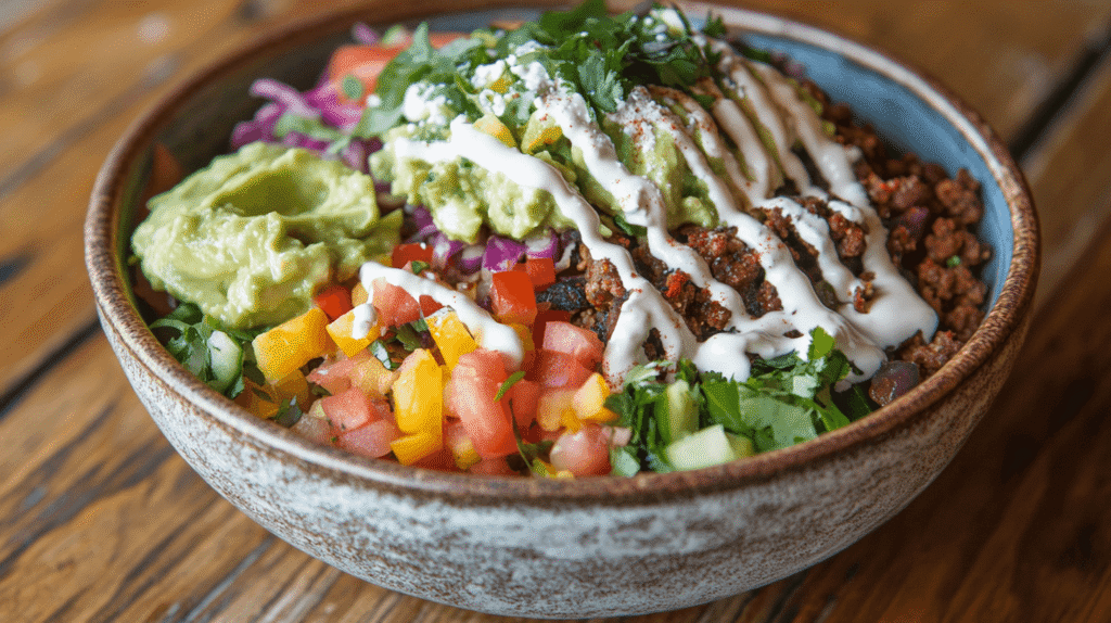 A colorful taco bowl with fresh vegetables, guacamole, and seasoned beef in a tortilla bowl.