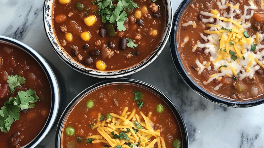 A variety of soups including taco soup, chili, and vegetable soup.