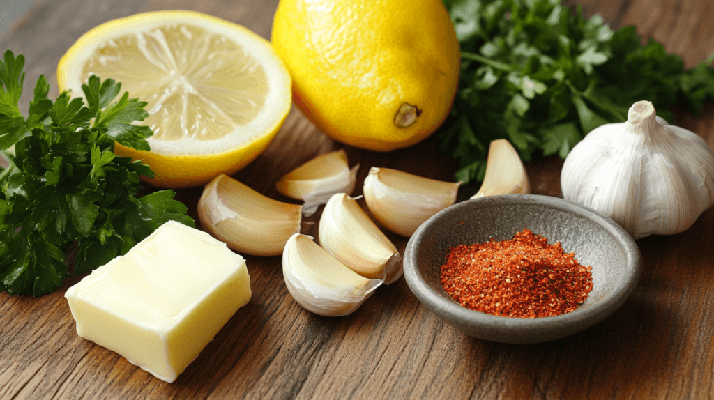 Ingredients for a seafood boil sauce on a wooden counter.
