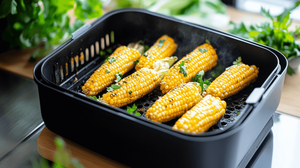 Freshly air-fried corn on the cob inside an air fryer basket, garnished with parsley