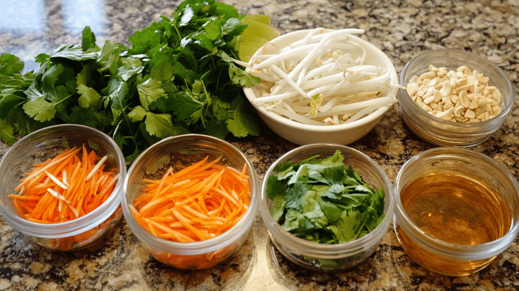 Fresh pho ingredients including cilantro, bean sprouts, carrots, nuts, and sauce in small bowls.