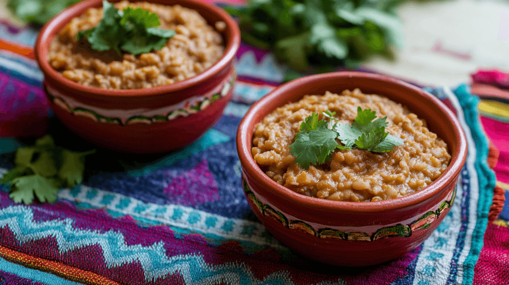 Mexican rice and refried beans in bowls.