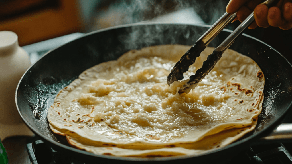 A tortilla being fried in a skillet