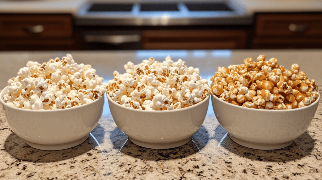 Three types of popcorn on a kitchen countertop.