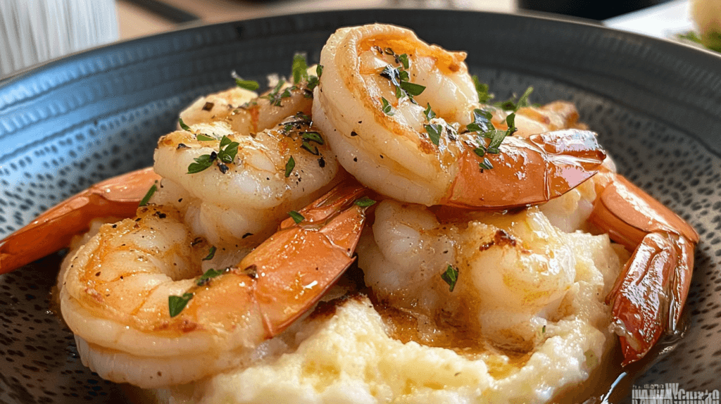 Buttery shrimp served over creamy grits, garnished with fresh herbs in a dark ceramic bowl.