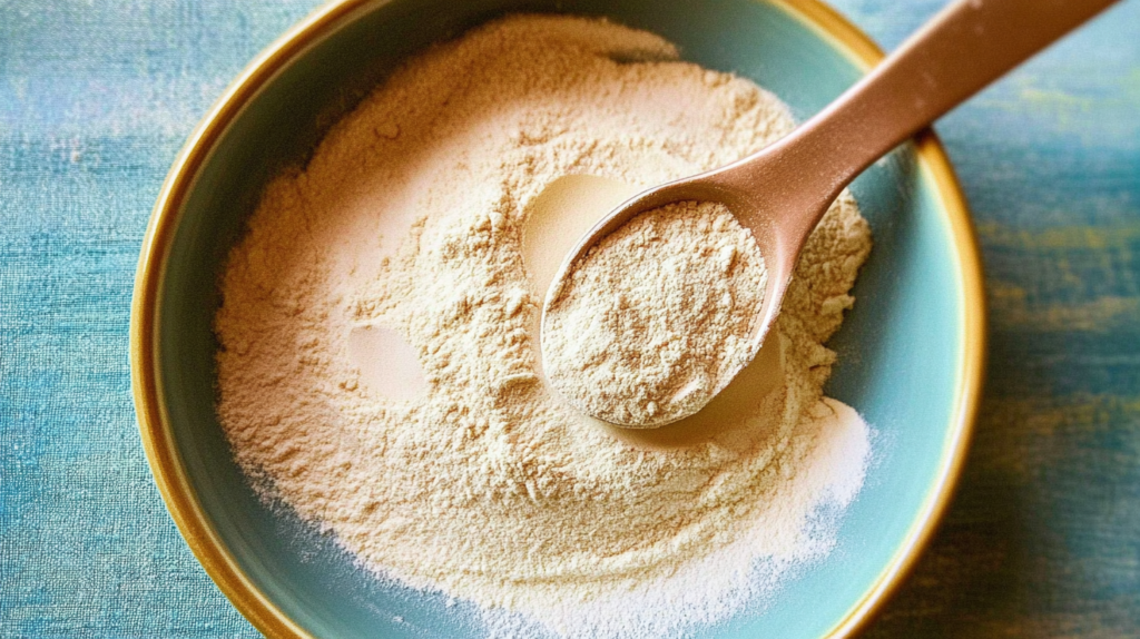 A bowl filled with whey protein powder with a scoop on top.