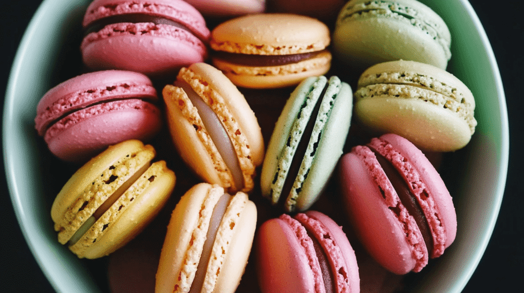 A close-up of colorful French macarons in a bowl, featuring pink, yellow, green, and beige varieties with different fillings.