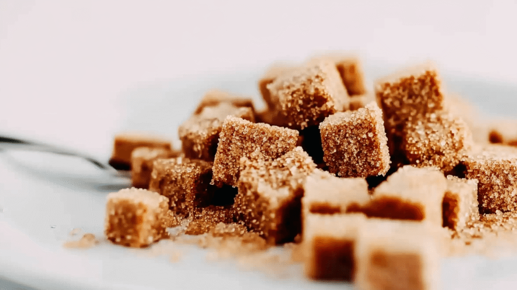 Close-up of brown sugar cubes stacked on a white plate with a blurred background.