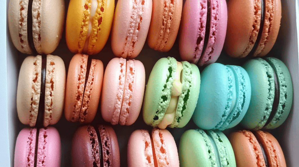 A neatly arranged box of colorful French macarons in pastel shades of pink, yellow, green, blue, and beige, filled with chocolate, cream, and fruit flavors.