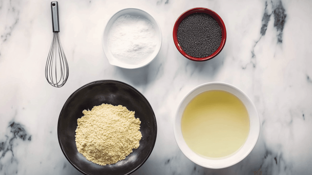 A top-down view of gluten-free macaron ingredients arranged on a white marble surface, including almond flour, egg whites, sugar, and poppy seeds, with a metal whisk.
