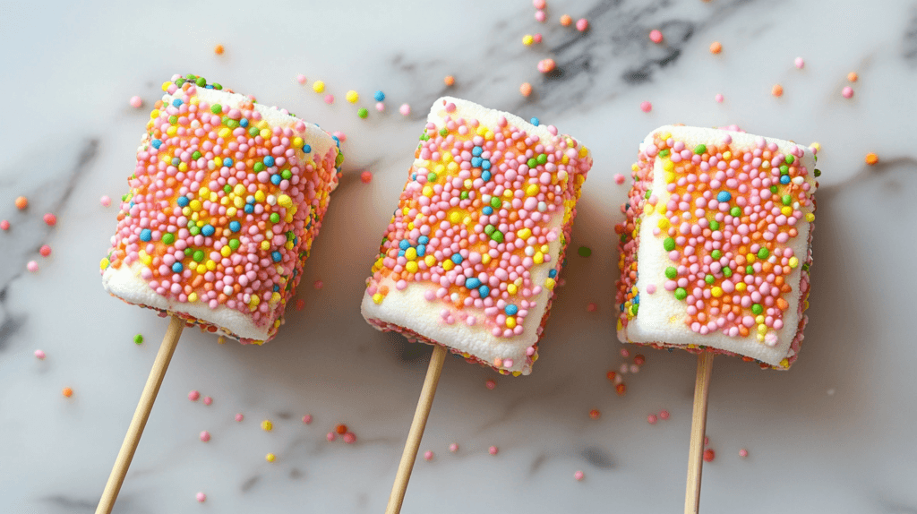 Marshmallows on sticks coated with colorful sprinkles on a marble surface.