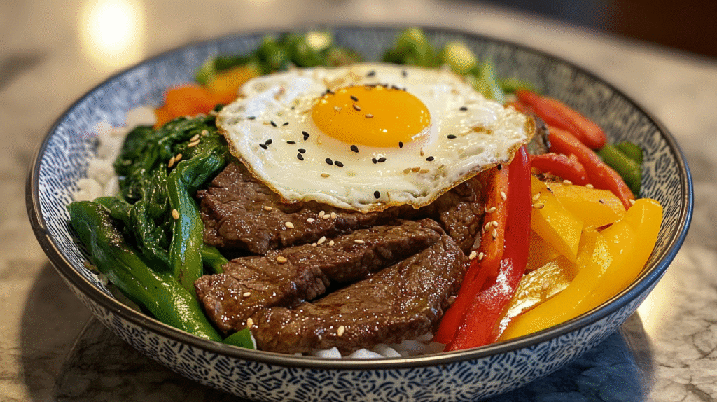 A bowl of bibimbap with fresh ingredients.