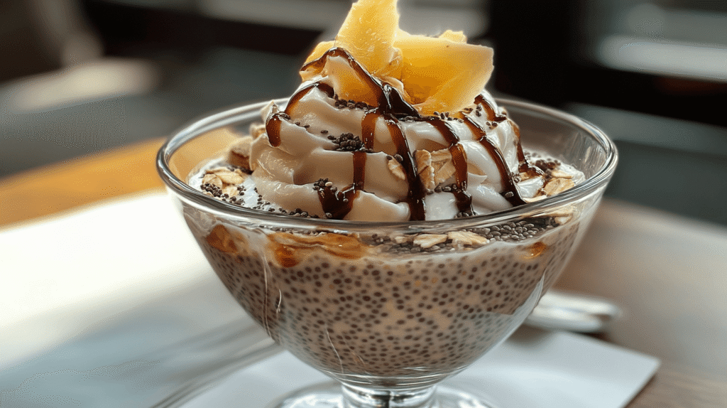 A glass bowl of chia oatmeal pudding topped with whipped cream, chocolate drizzle, oats, and pineapple slices.