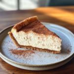 churro cheesecake, highlighting the golden cinnamon-sugar crust and smooth cheesecake center.