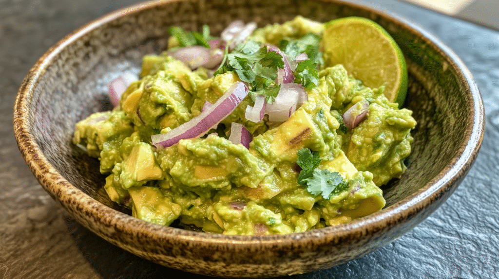 Fresh homemade guacamole in a bowl.