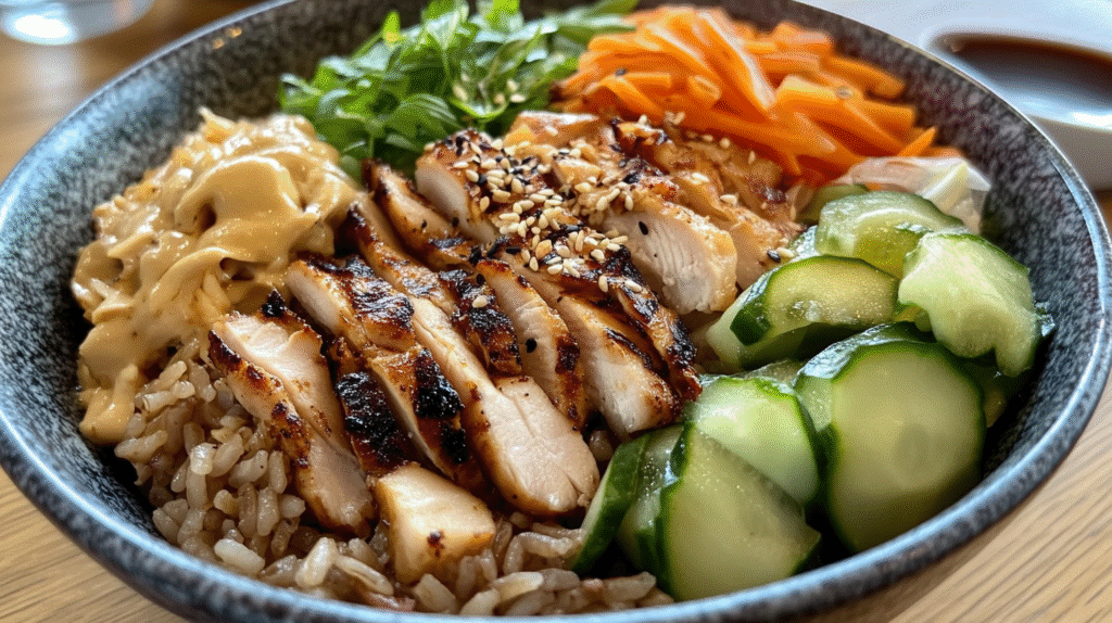 A close-up of a healthy bibimbap bowl made with brown rice and grilled chicken.
