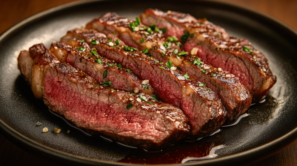 Sliced ribeye roast on a plate, showing its juicy texture.