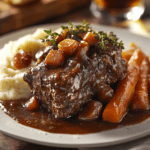 Slow-cooked beef shin on a plate with some mashed potatoes.