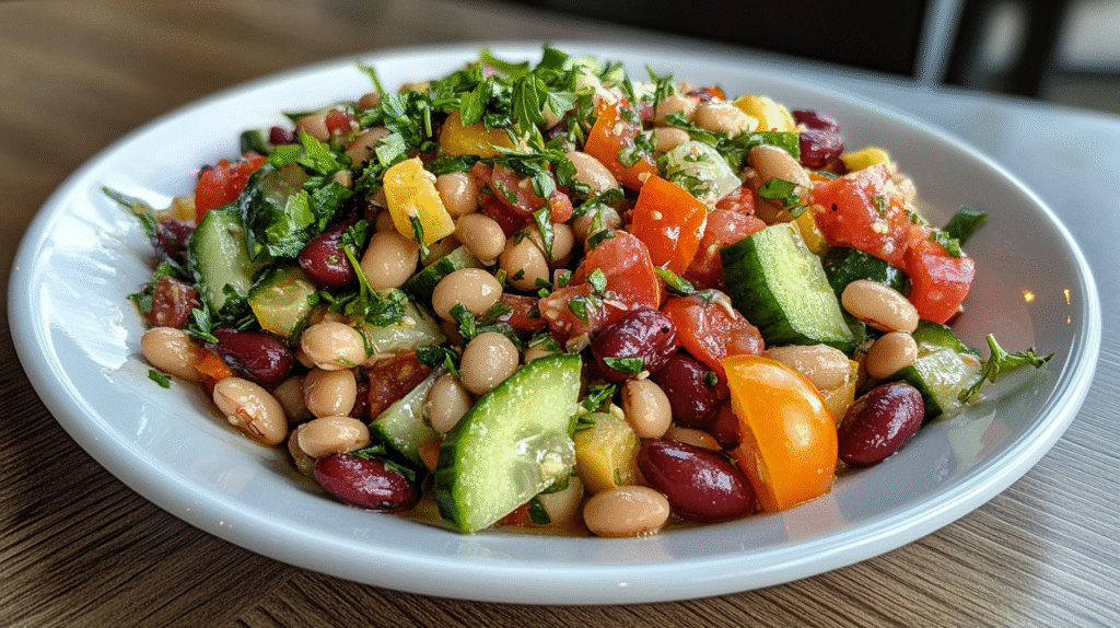 A vibrant dense bean salad on a white plate with fresh vegetables