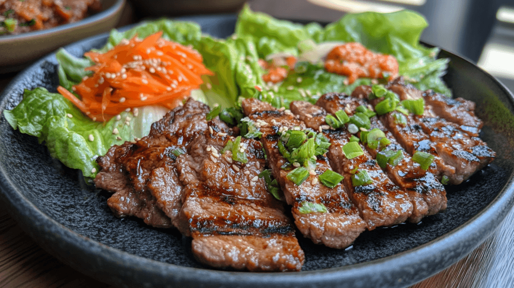 A plate of grilled bulgogi with fresh lettuce wraps.