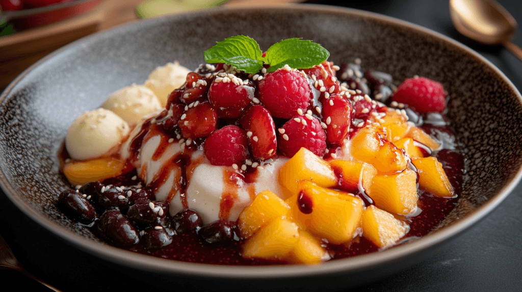 A plate of patbingsu with sweet red beans and fresh fruits.