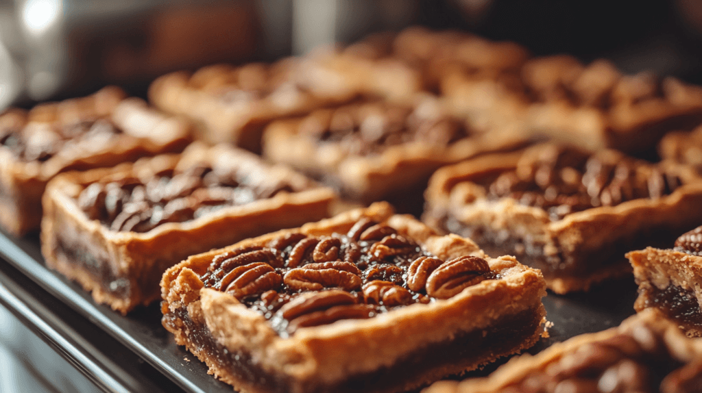 Freshly baked pecan pie bars with a golden crust and caramelized pecan topping.