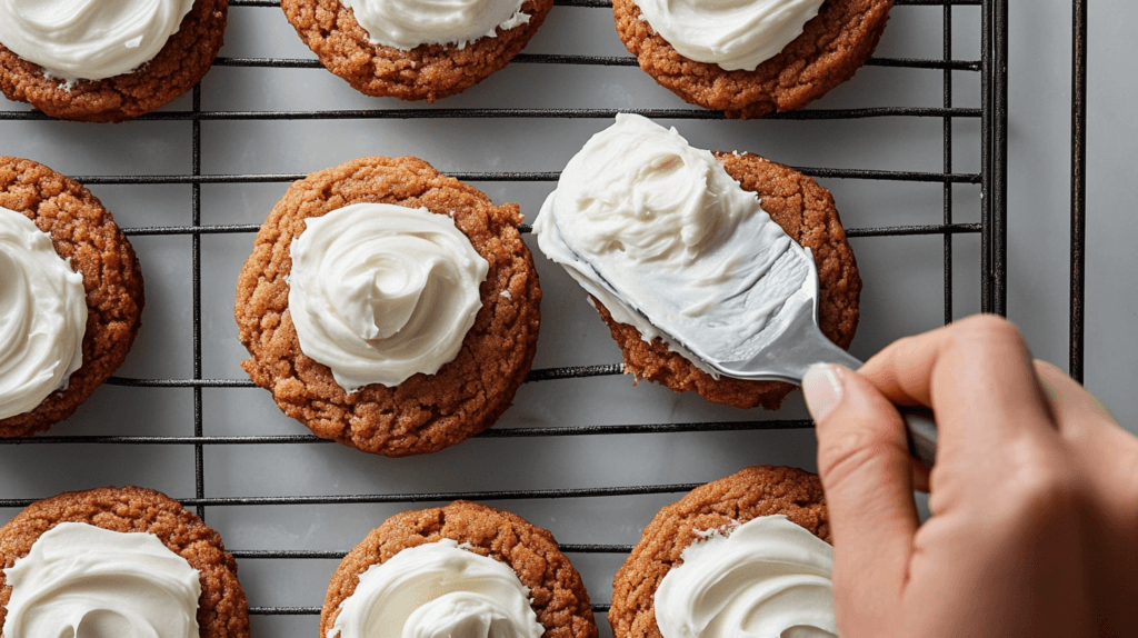 Frosting carrot cake cookies with a creamy cream cheese topping.