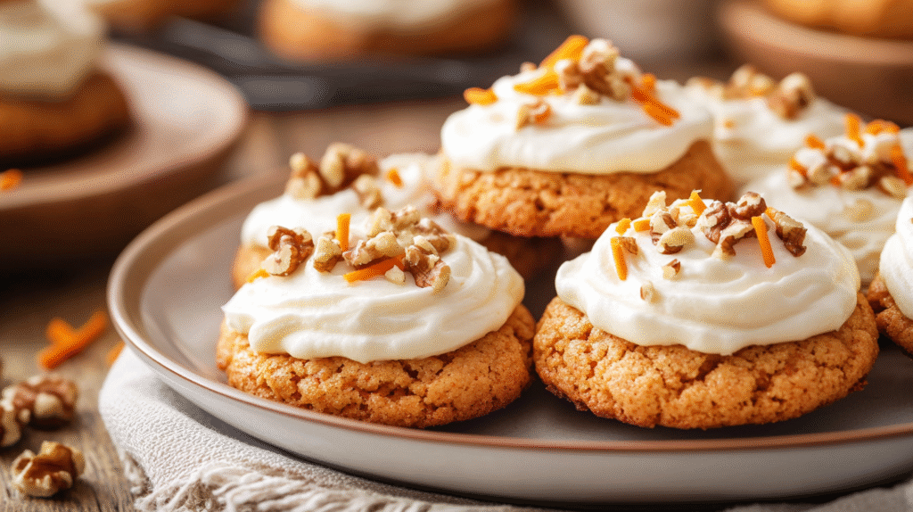A plate of carrot cake cookies topped with cream cheese frosting and nuts.