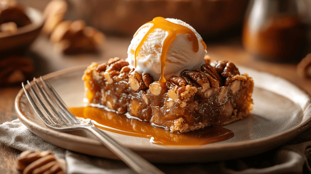 Pecan pie bars served with vanilla ice cream.