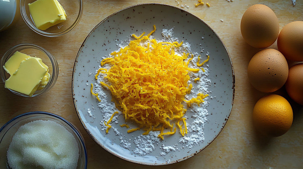 Key ingredients for orange creamsicle cake on a plate.