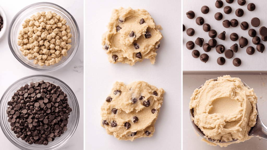 Step-by-step images of making Rice Krispie Chocolate Chip Cookies.