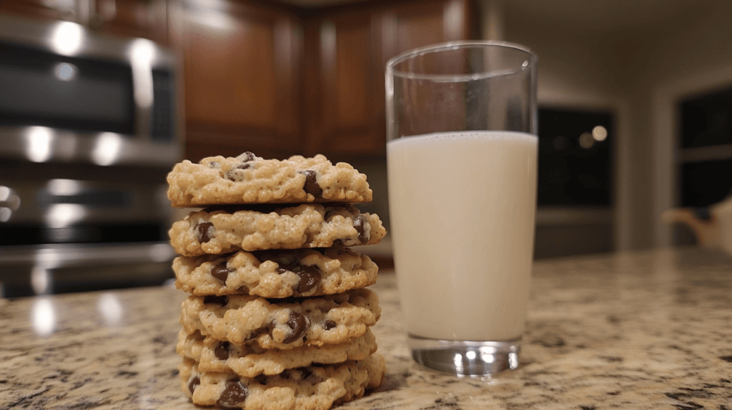 A stack of cookies with a glass of milk.