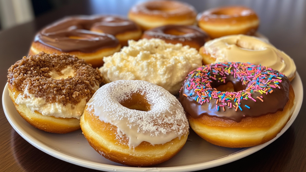 Plate of stuffed donuts showing creamy cheesecake filling.